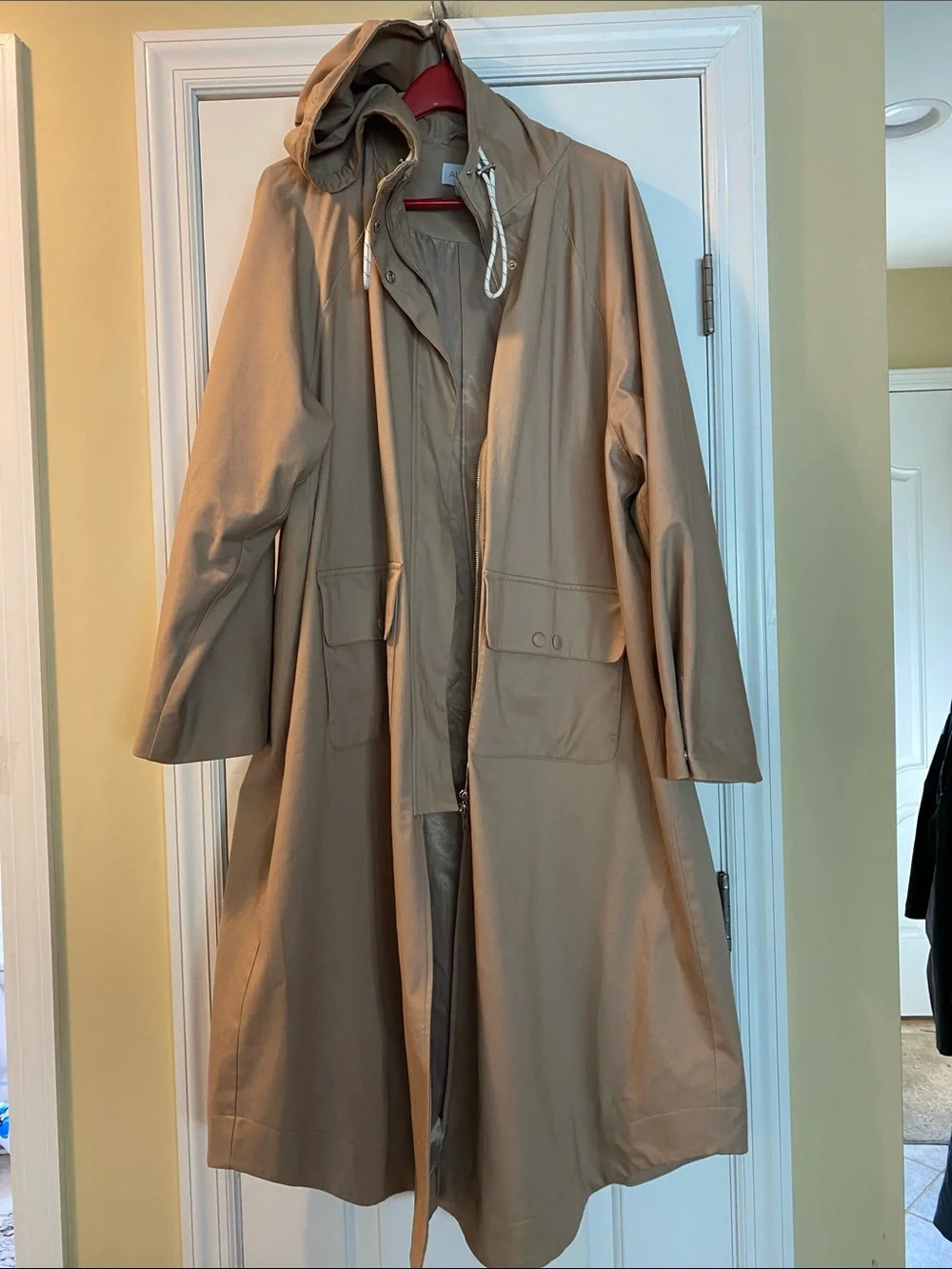 Aligne 98% Organic Cotton Long Hooded Double Zip Trench Coat NWOT
